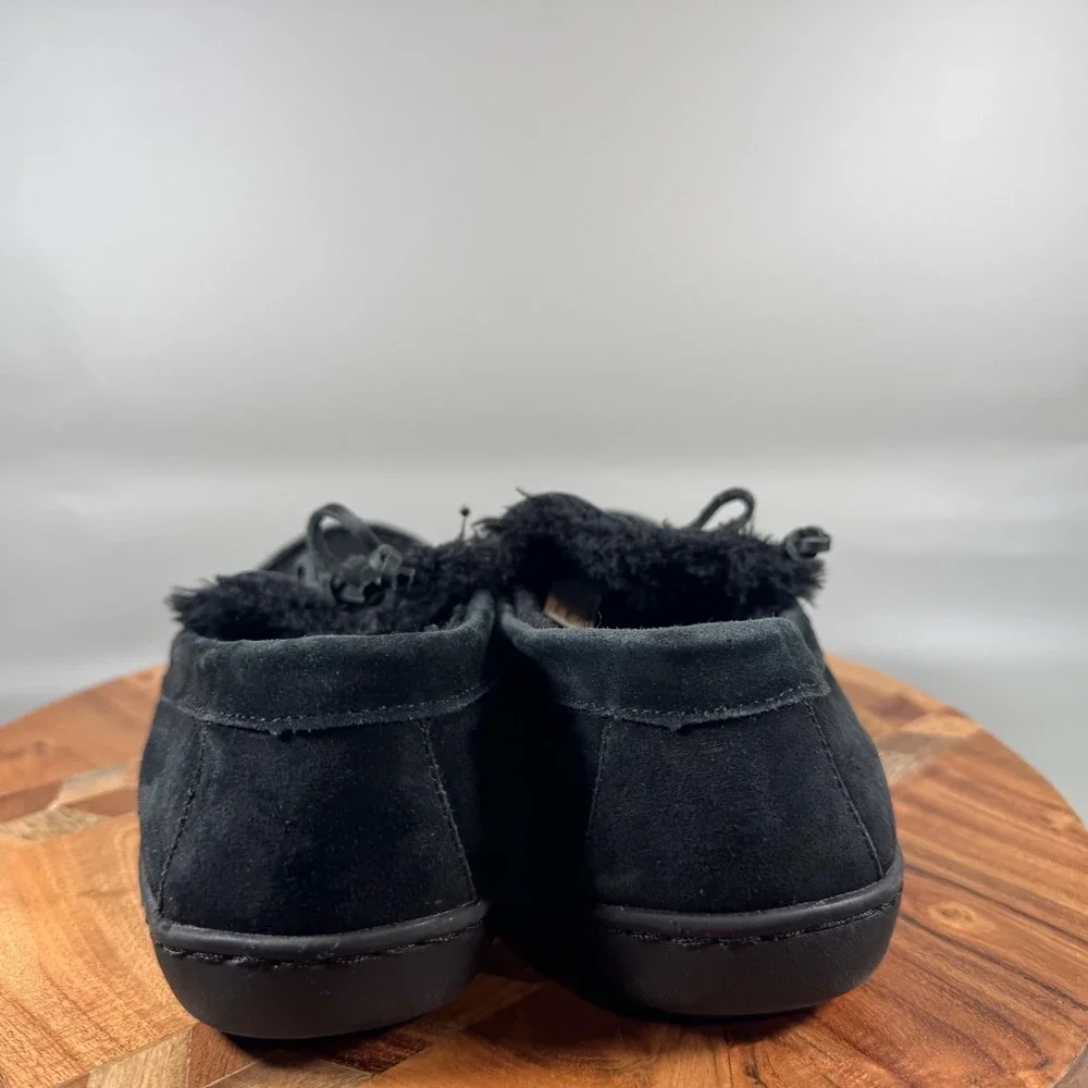 Vionic Adler‎ Mens Black Suede Faux Fur Lined Moccasin Slippers Size 7 566ADLER